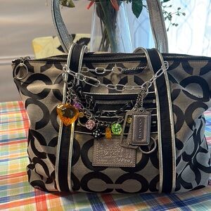 Coach  Poppy Black and Silver Signature Canvas Tote with Charm Chain